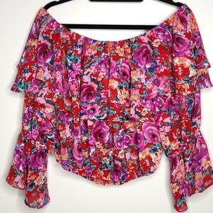 XXI Off Shoulder flouncy floral cropped top L